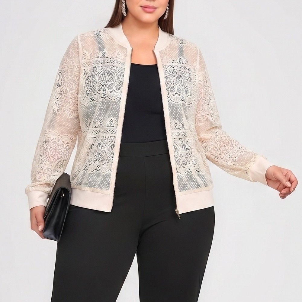 Living Doll Plus Size Soft Girl Sheer Romantic Cream Lace Zip Up Jacket 2X